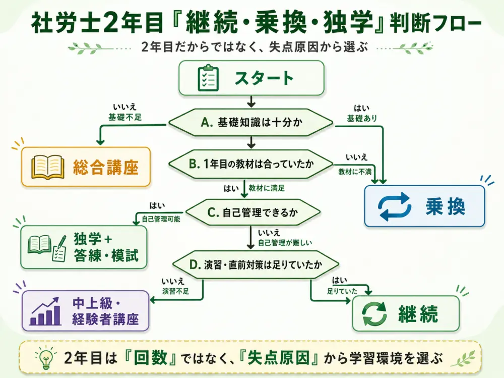 社労士2年目「継続・乗換・独学」判断フロー