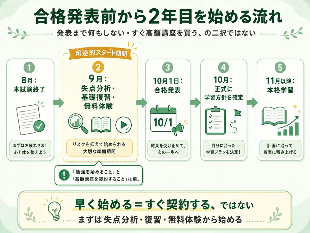 合格発表前から2年目を始める流れ