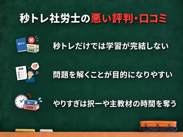 秒トレ社労士の悪い評判・口コミ 秒トレだけでは学習が完結しない 問題を解くことが目的になりやすい やりすぎは択一や主教材の時間を奪う