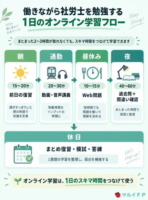 働きながら社労士を勉強する1日のオンライン学習フロー